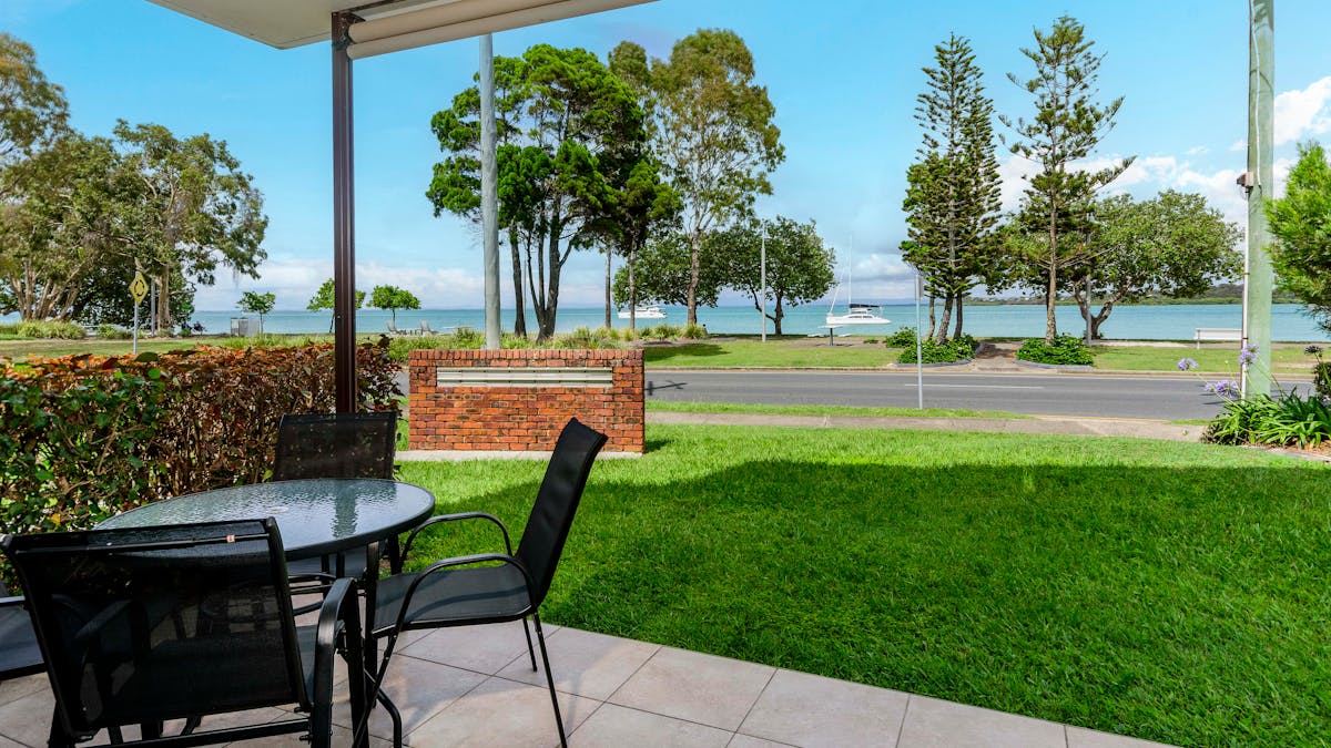 Patio with water views