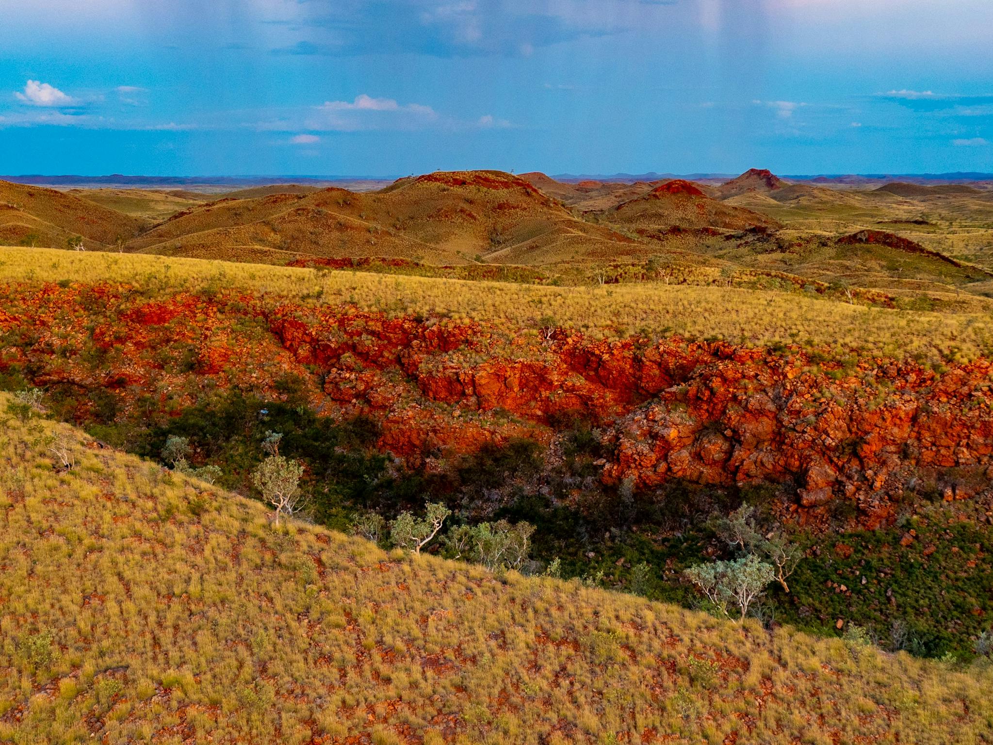 Blue sky over the striking red earth and green vegitation after much needed rain in the Pilbara