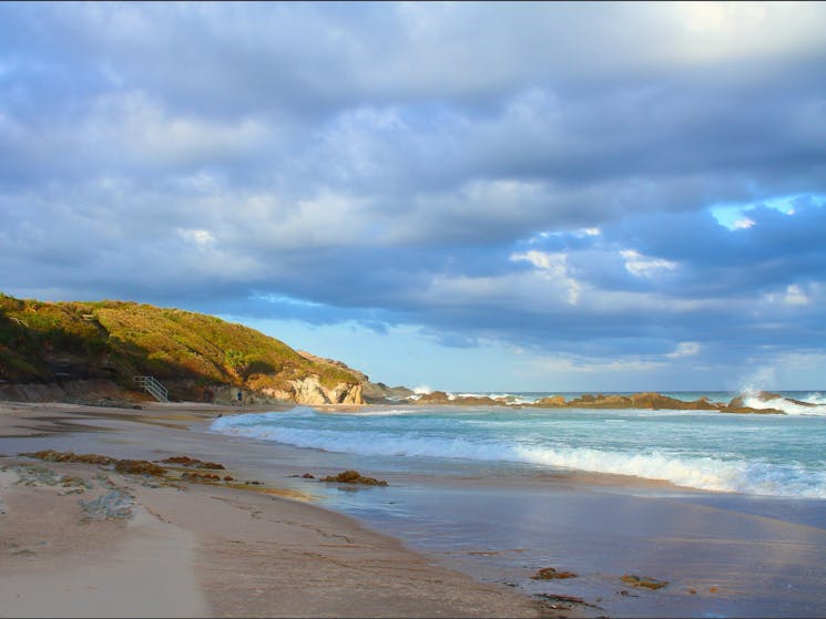 Looking back to the stairs. Brooms Head Back Beach.