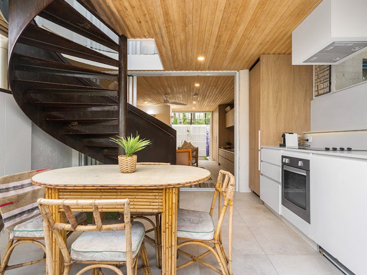 Belongil Beach Pad - Byron Bay - Kitchen and Dining flow to Living Room