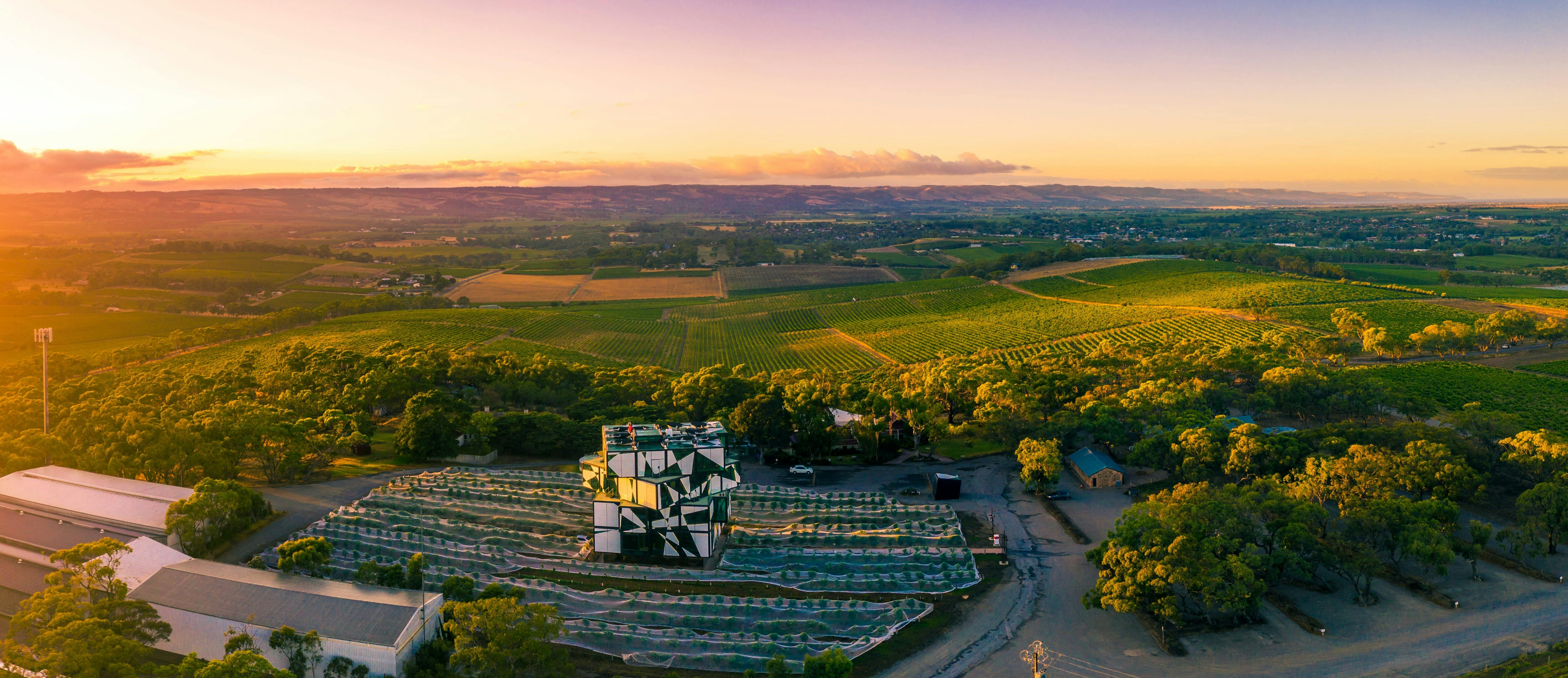 Aerial view of d'Arenberg Cube at sunset