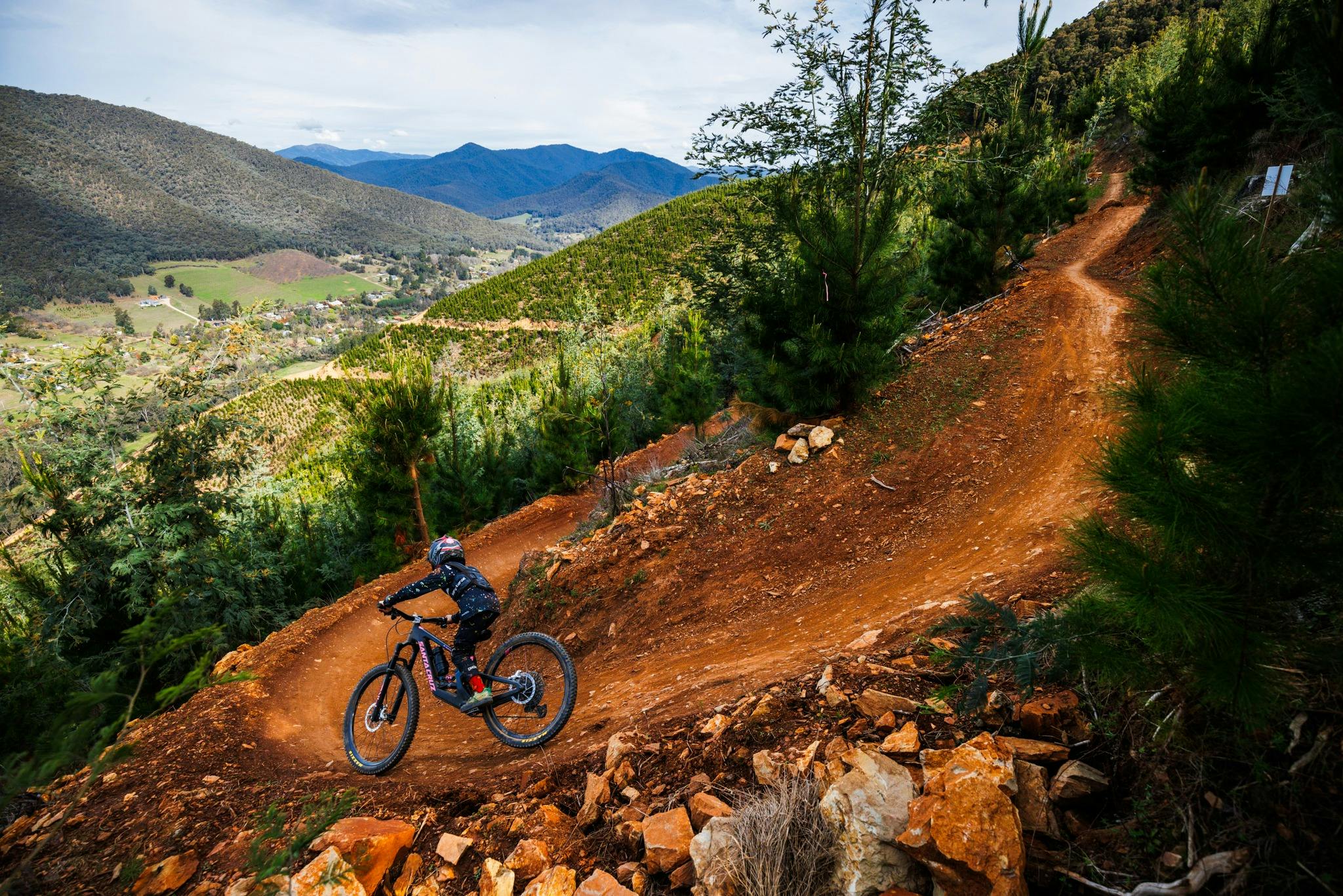 Rider at Mystic Bike Park Flowmingo Trail