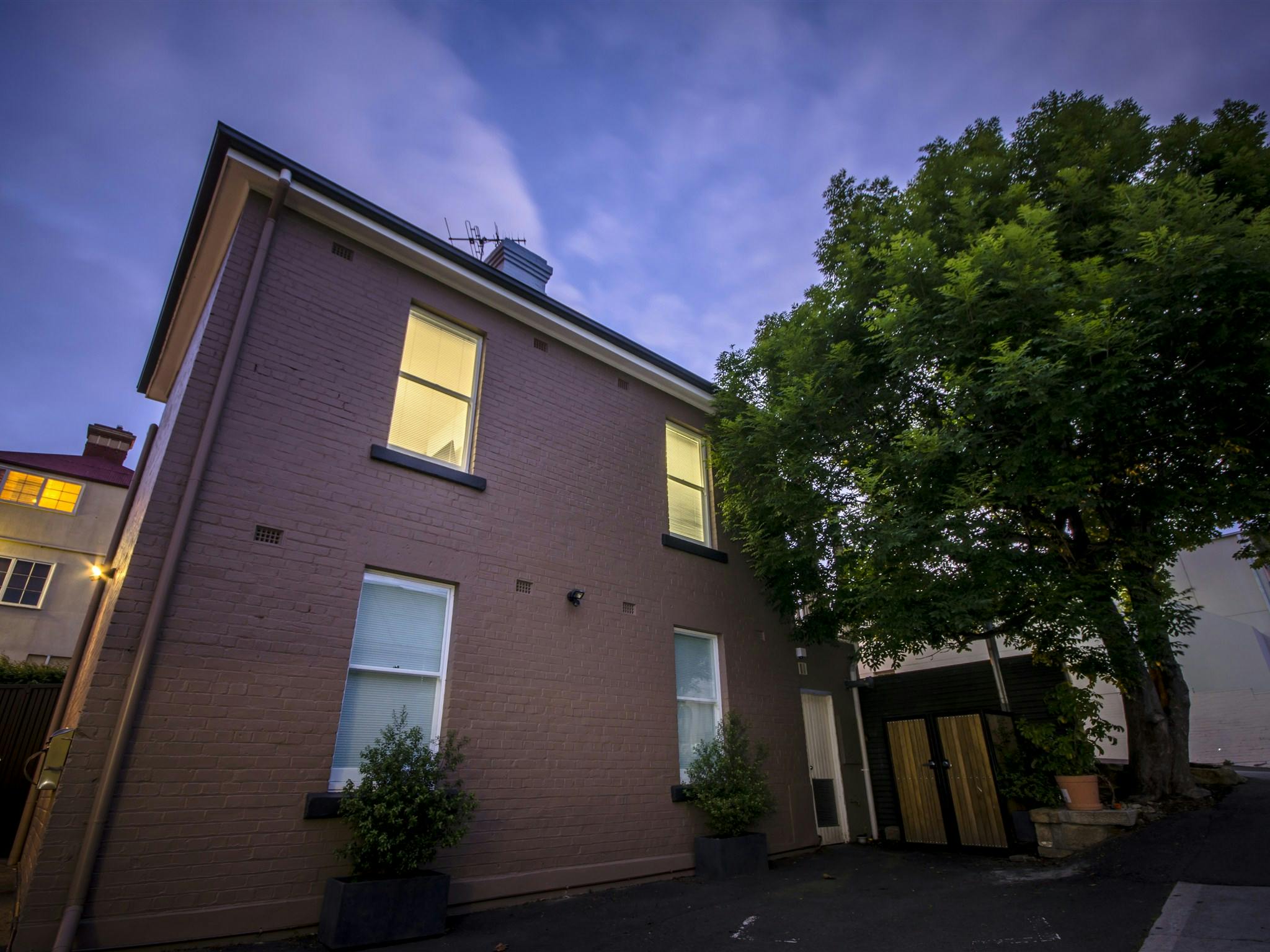 Twilight exterior of Hobart Cityscape Apartment 2 Pascoe at 47 Molle Street