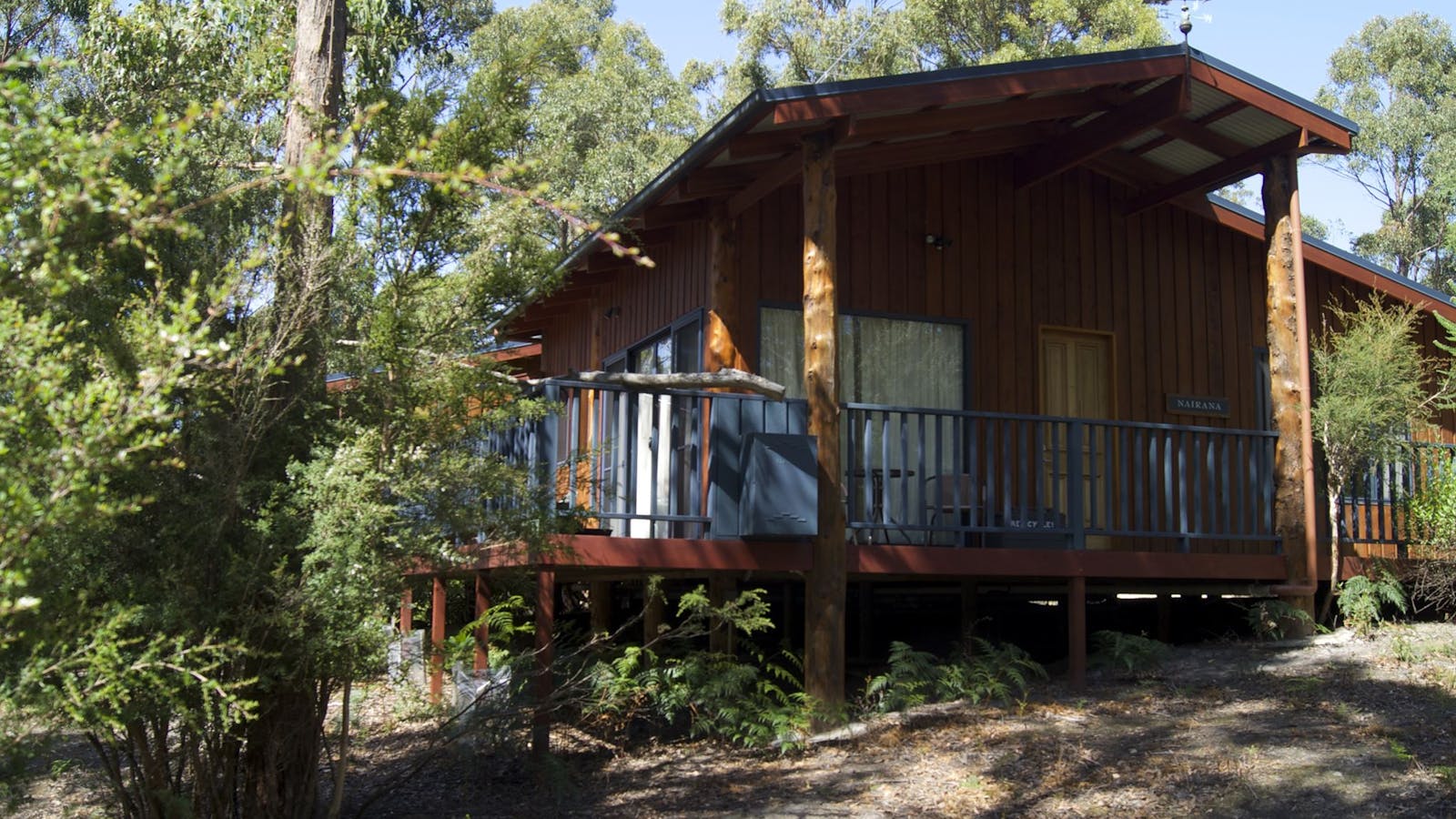 The deck of Nairana cottage provides great views of surrounding forest.
