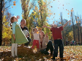 Family playing in the Autumn leaves