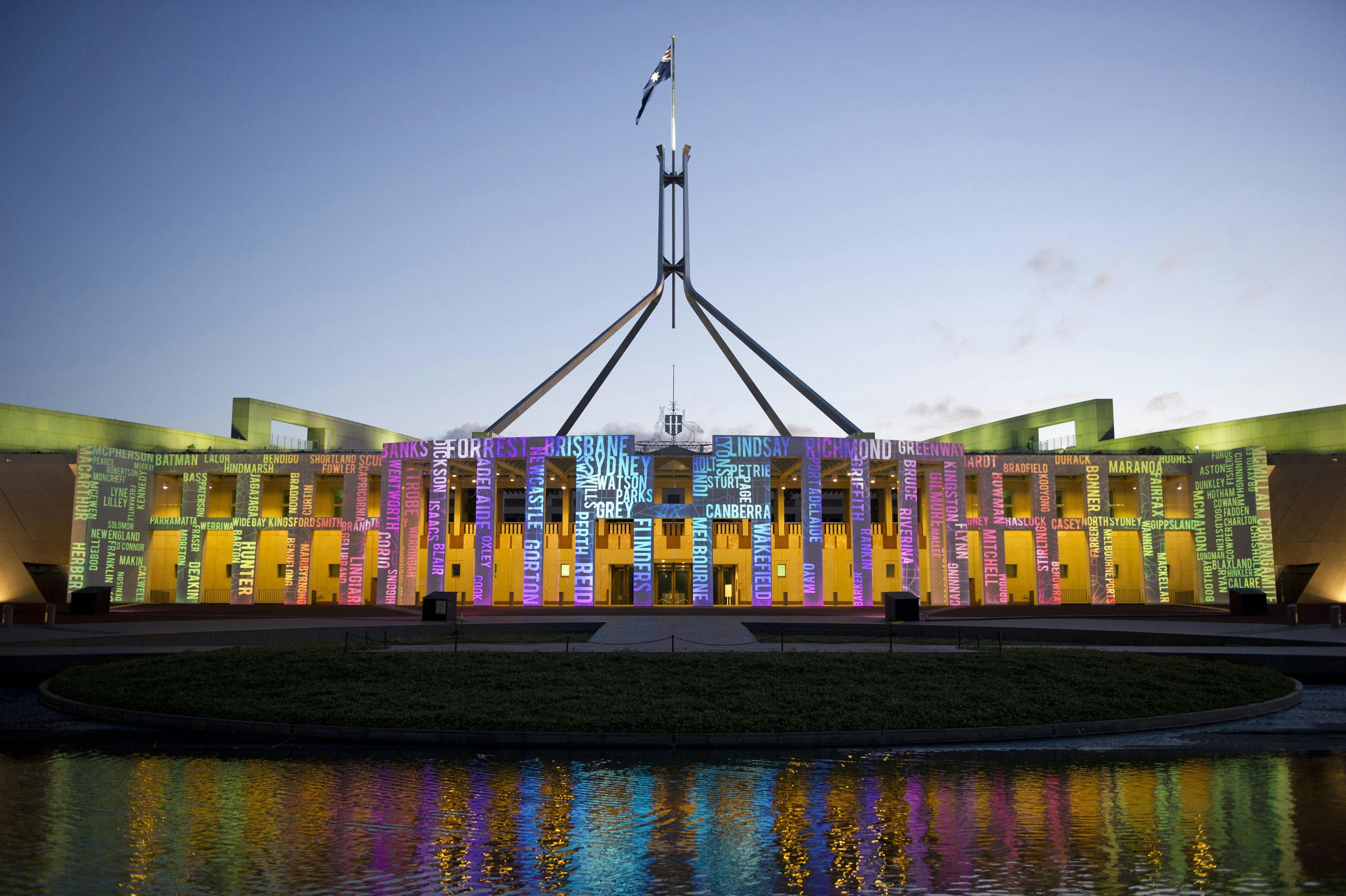 Image showing lighting projections on the front of Parliament House 