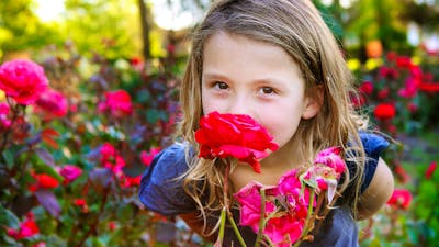Young girl smelling roses. Photo by Jinkyart