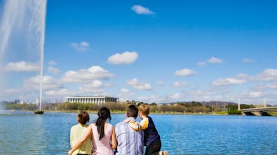 Family viewing Captain Cook Memorial Jet from the RG Menzies Walk in Canberra.