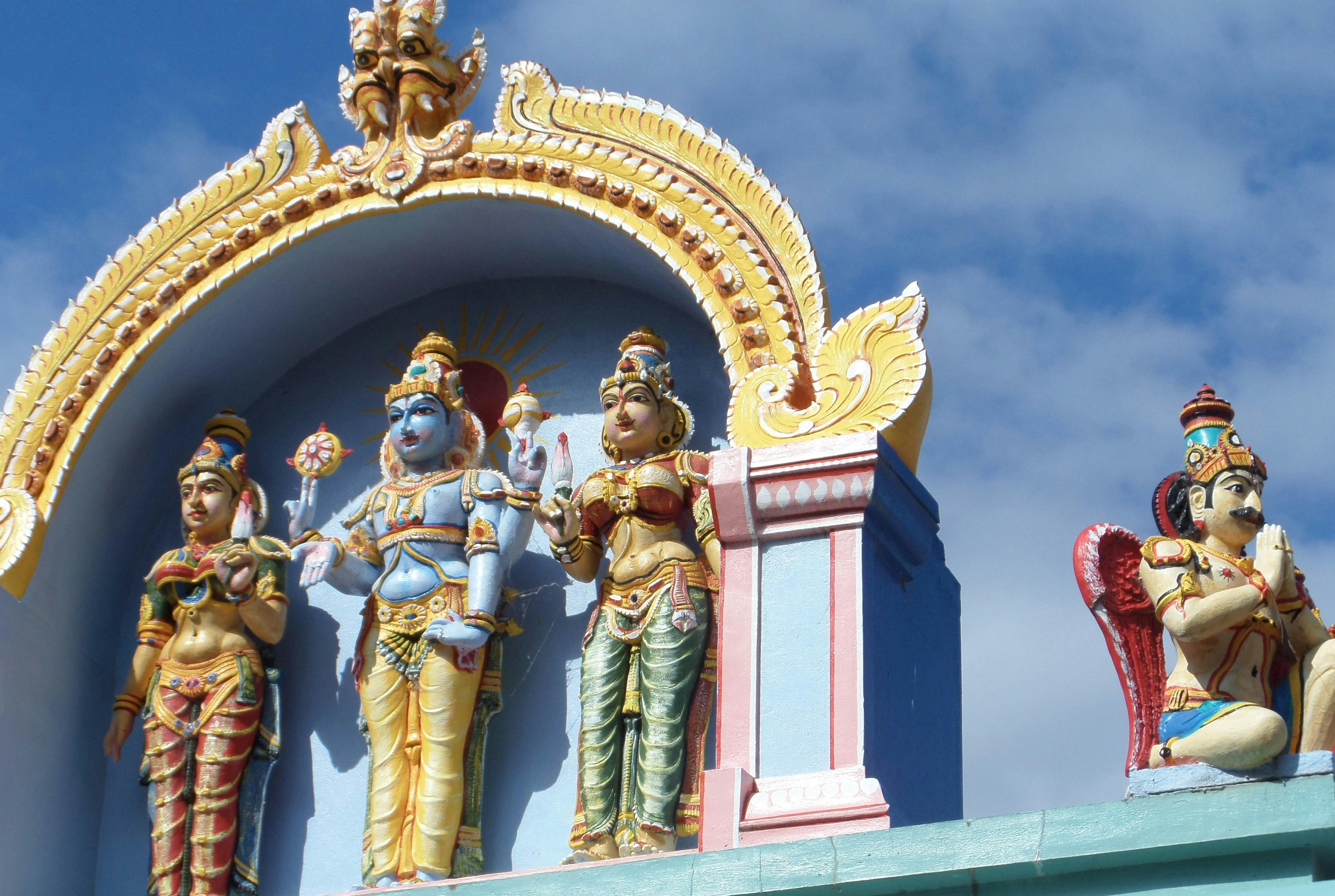 Statues on the roof of the Vishni Siva Mandir Temple and Library