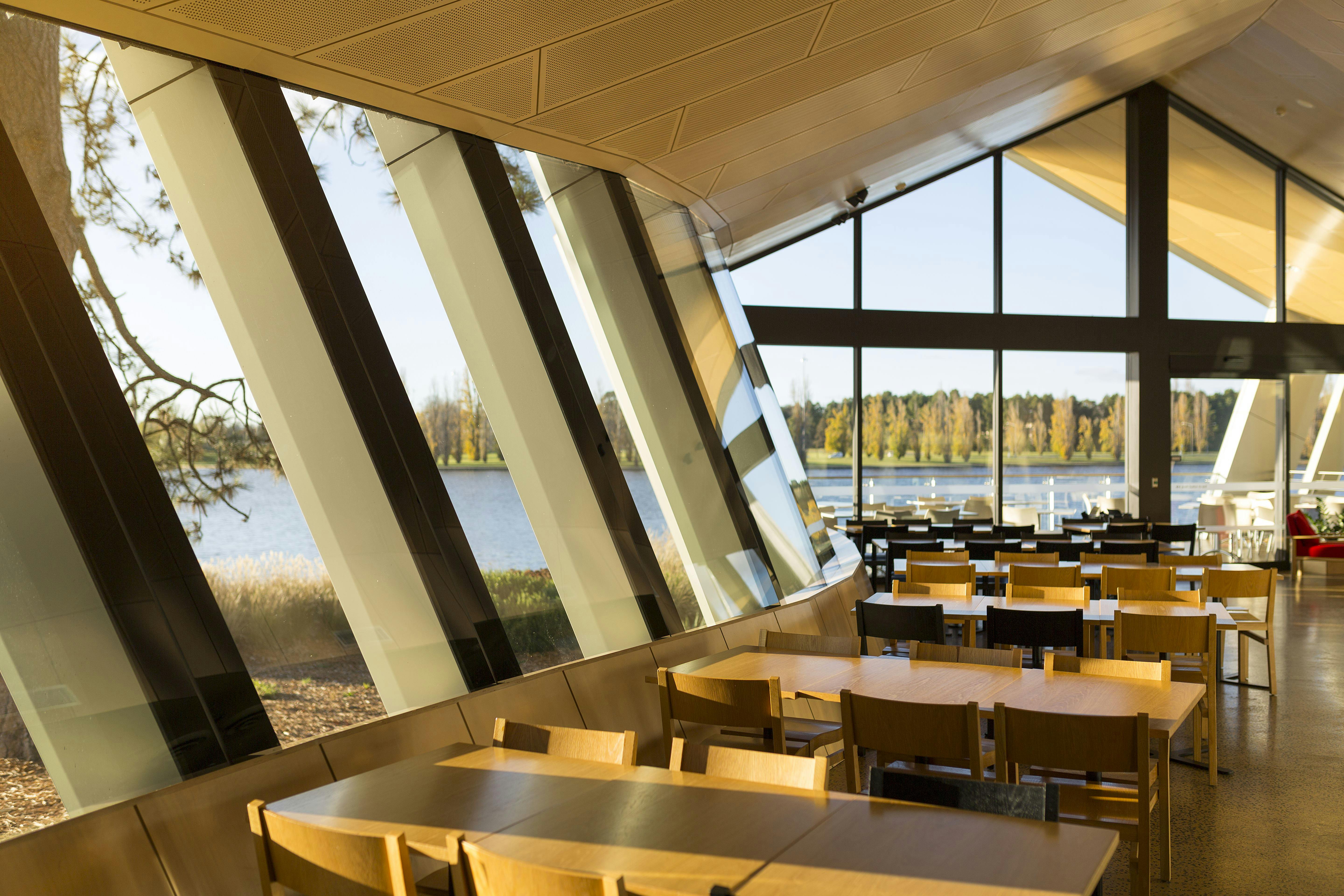 The stunning lakefront view from the Museum Cafe at the National Museum of Australia, Canberra.