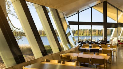 The stunning lakefront view from the Museum Cafe at the National Museum of Australia, Canberra.