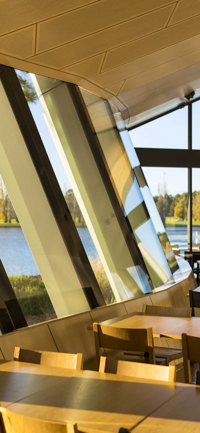 The stunning lakefront view from the Museum Cafe at the National Museum of Australia, Canberra.