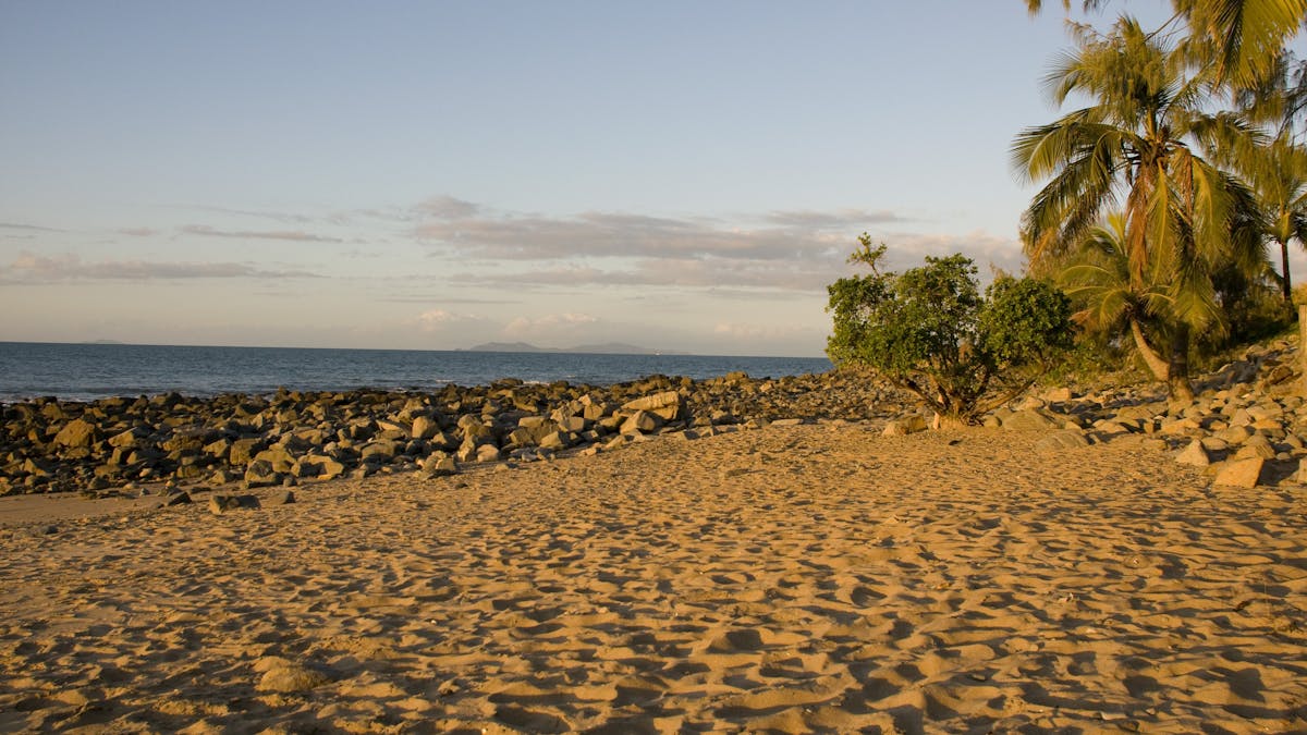 Sand, rocks, palms and sunset ocean views