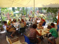 A large group enjoying Aboriginal Art Workshop at Janbal Gallery