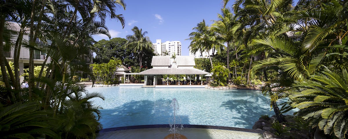 Lagoon Style Pool with swim up pool bar.