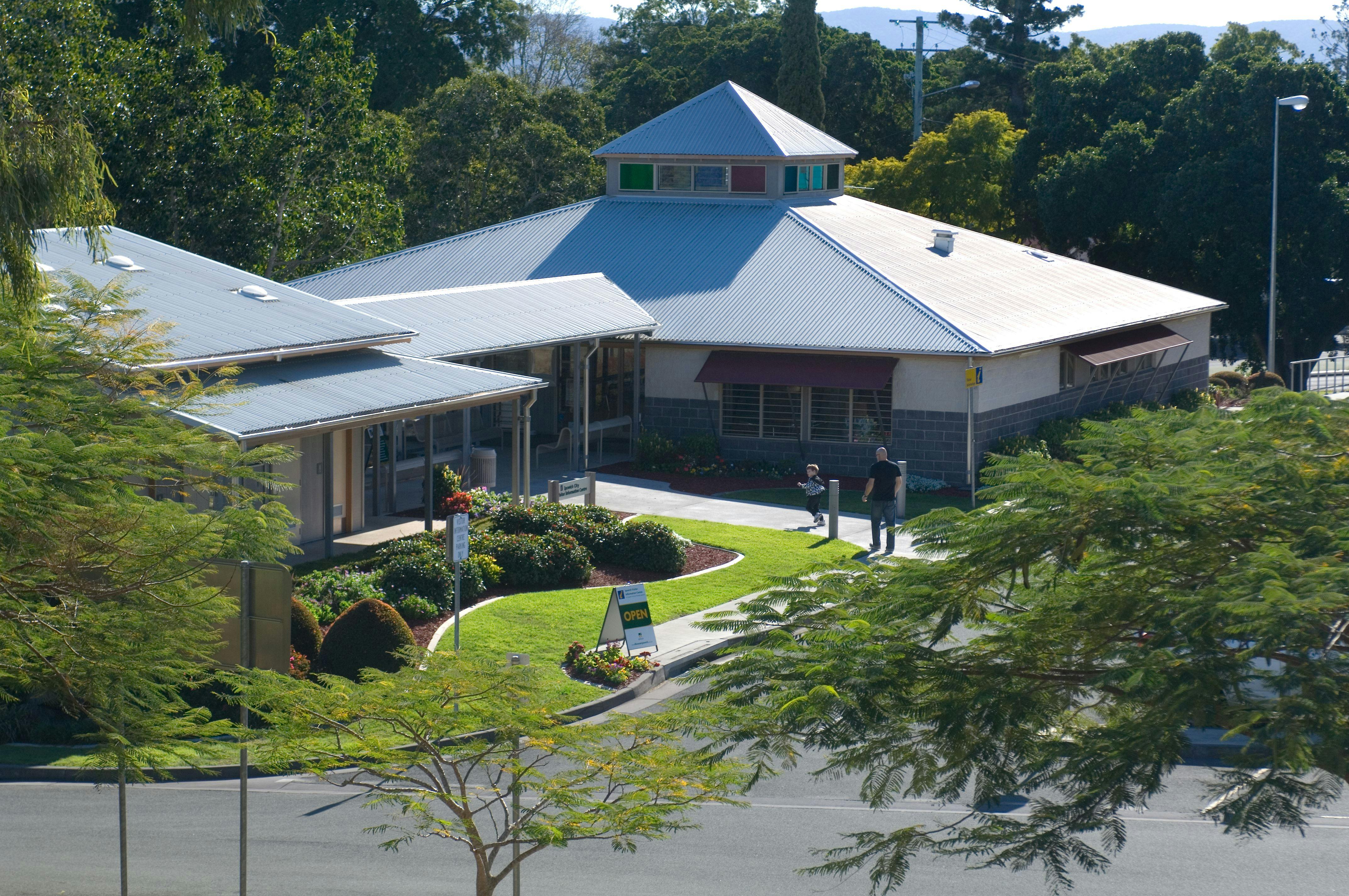 Rear view of Ipswich Visitor Information Centre showing car park entrance.