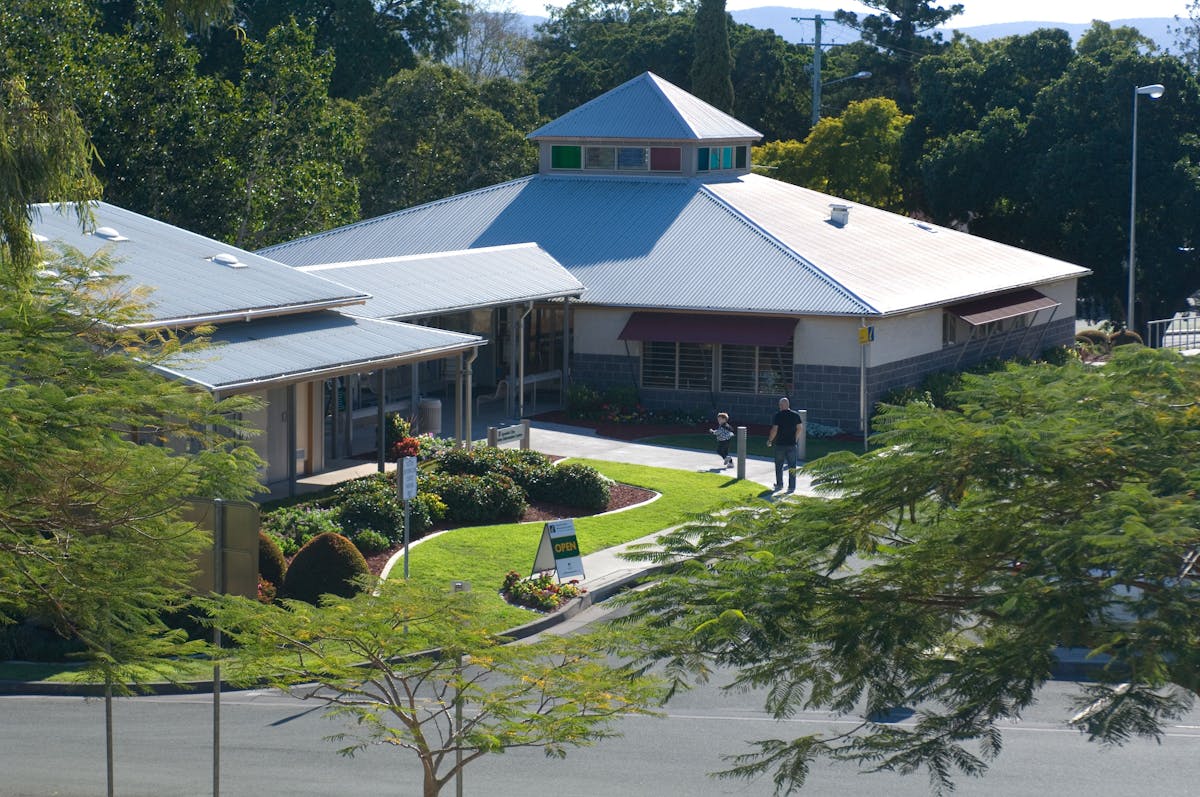 Rear view of Ipswich Visitor Information Centre showing car park entrance.
