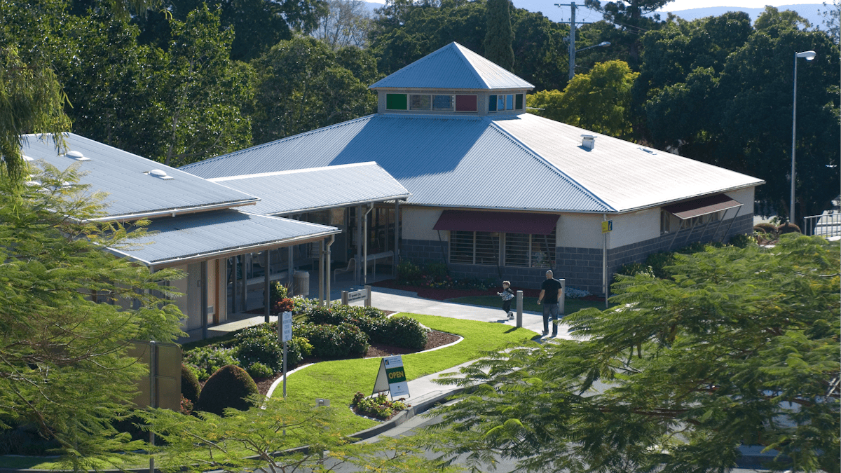Rear view of Ipswich Visitor Information Centre showing car park entrance.