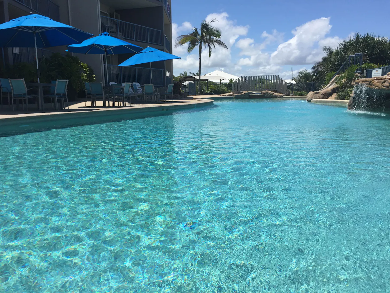 25 metre lagoon pool with slide & waterfall