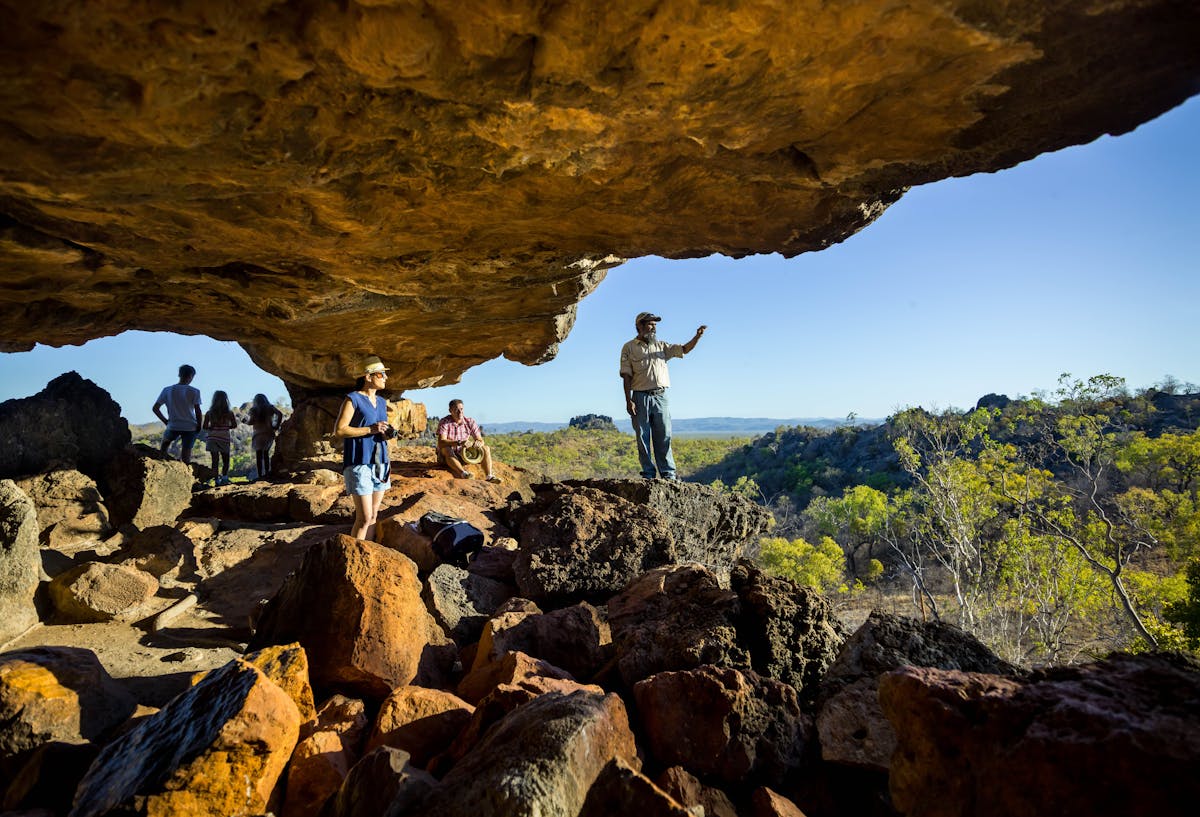 A tour ranger escorts tour group in Chillagoe National Park, Mareeba Shire, Tropical North Qld