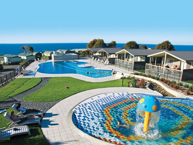 Merimbula Beach Holiday Park pool to coast.