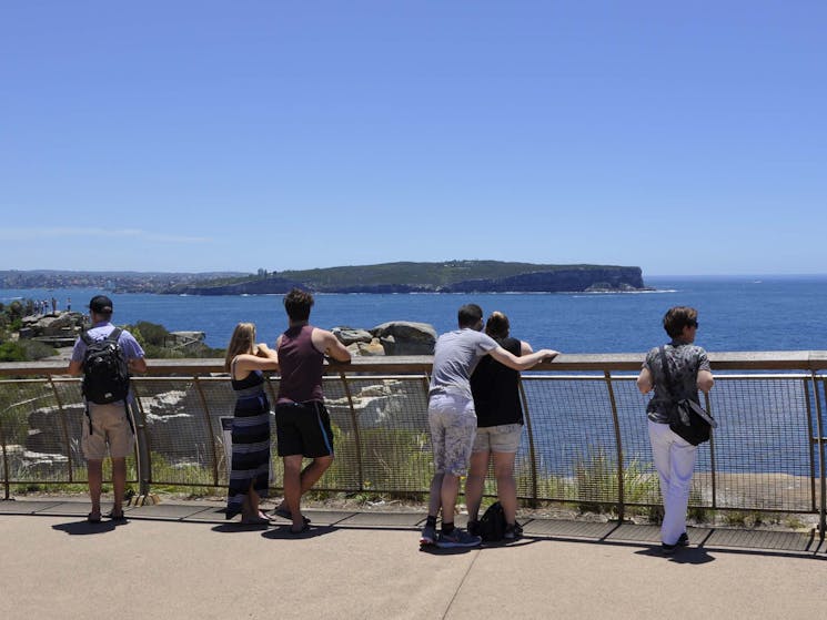Sydney explorer bus tour group is staying motionless enjoying a stunning view of Tasman Sea.