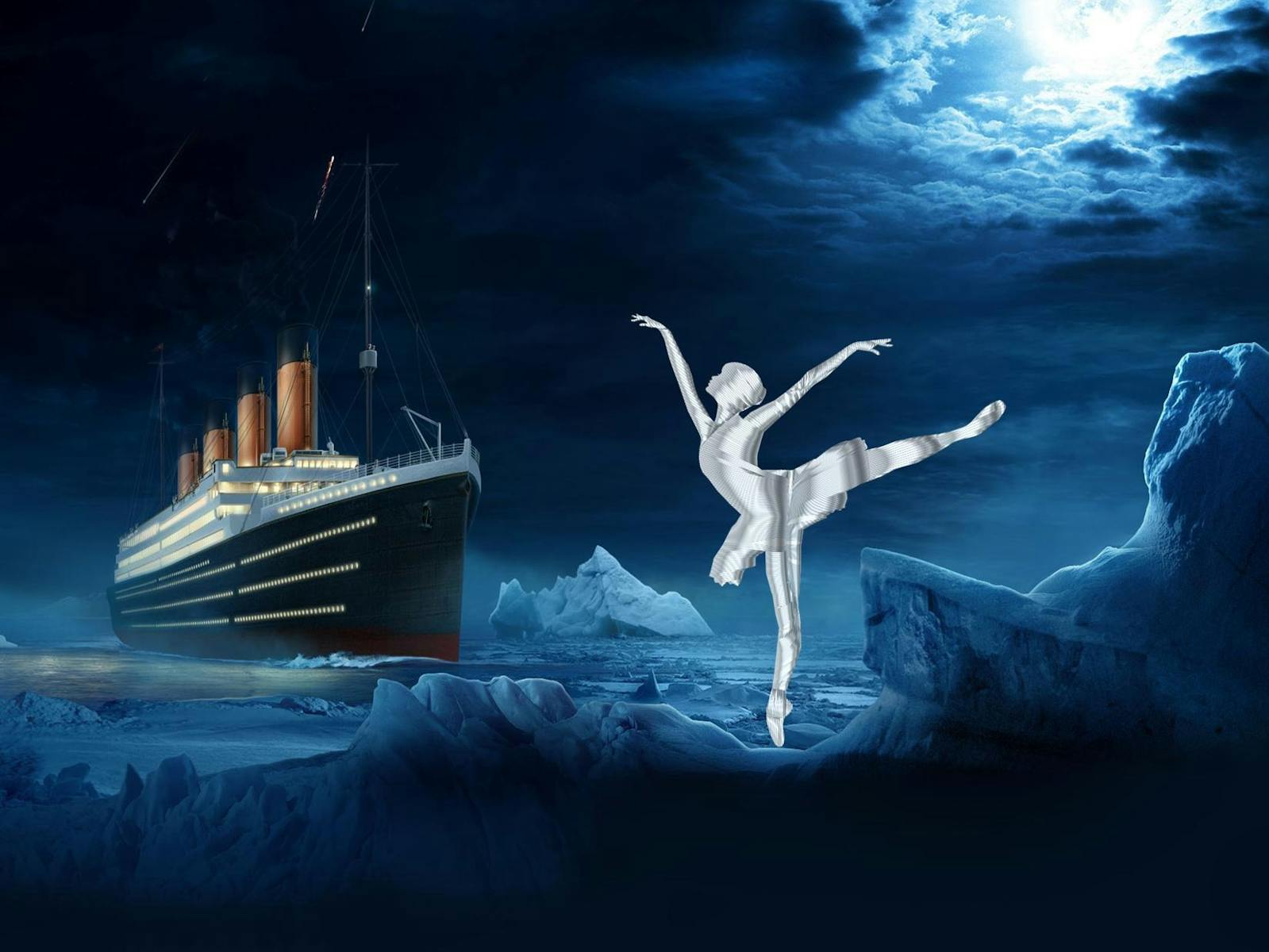 a ballet dancer on an iceberg in front of the titanic