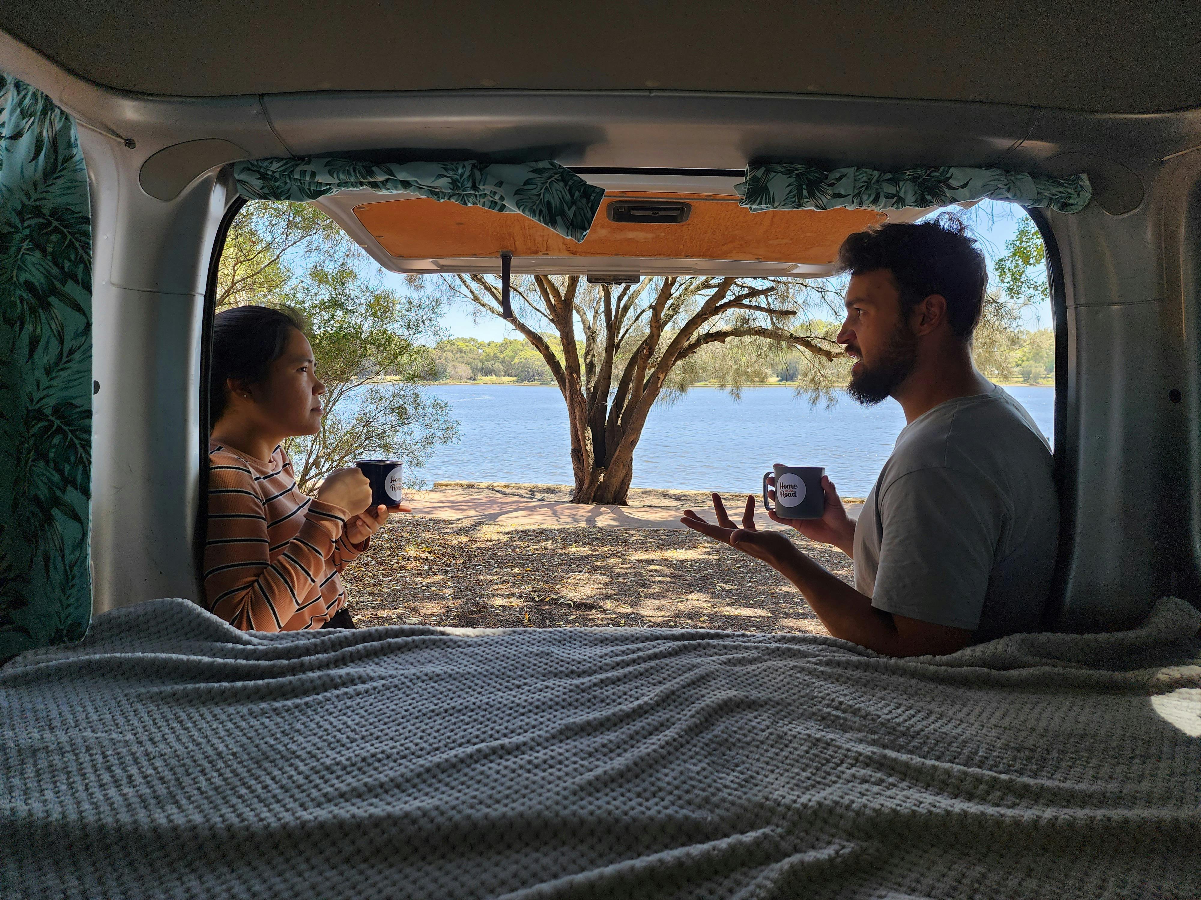 Enjoying a cup of coffee with the campervan rental