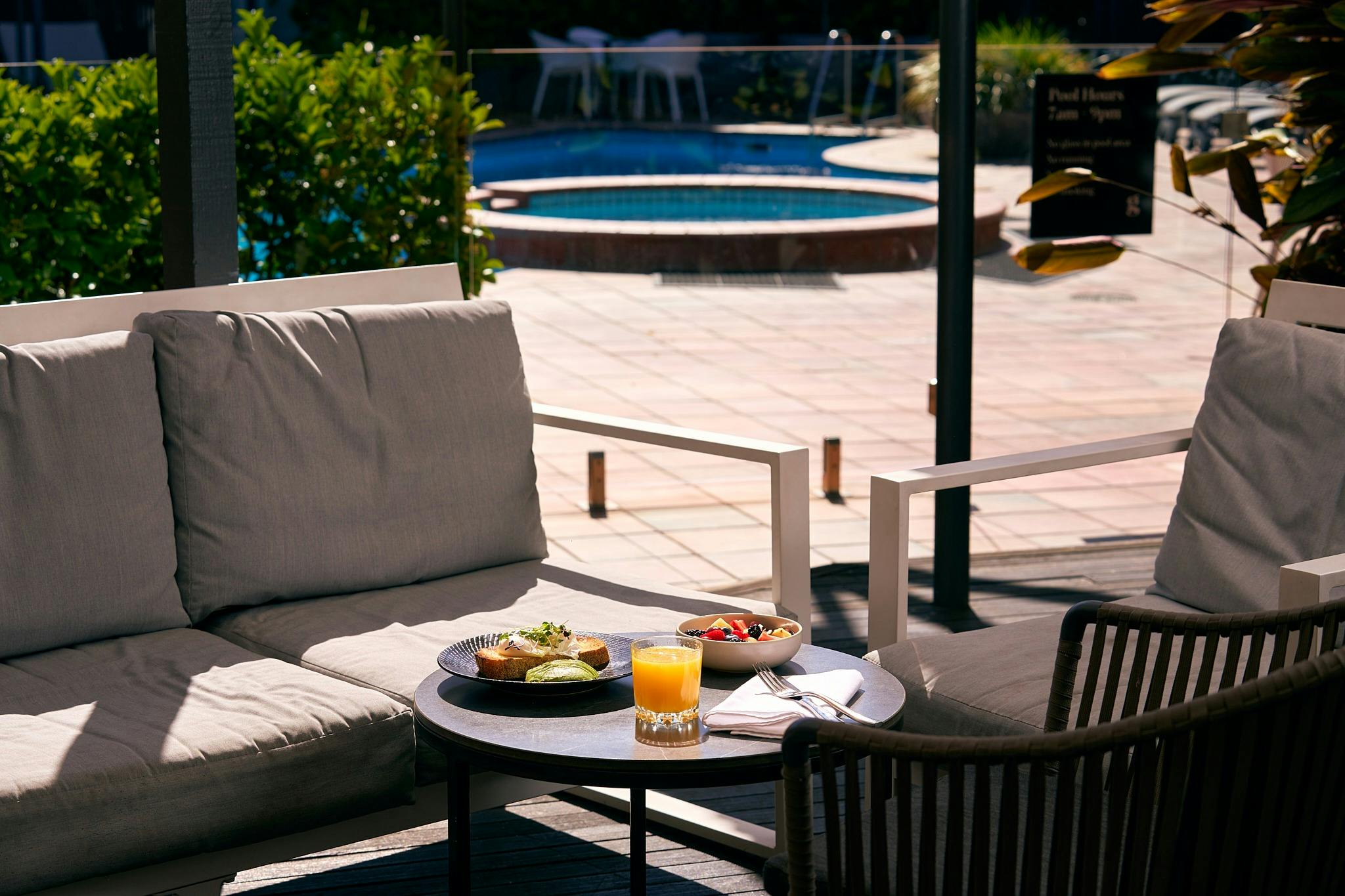 Easily accessible undercover area adjacent to the  hotel pool is the perfect breakfast spot