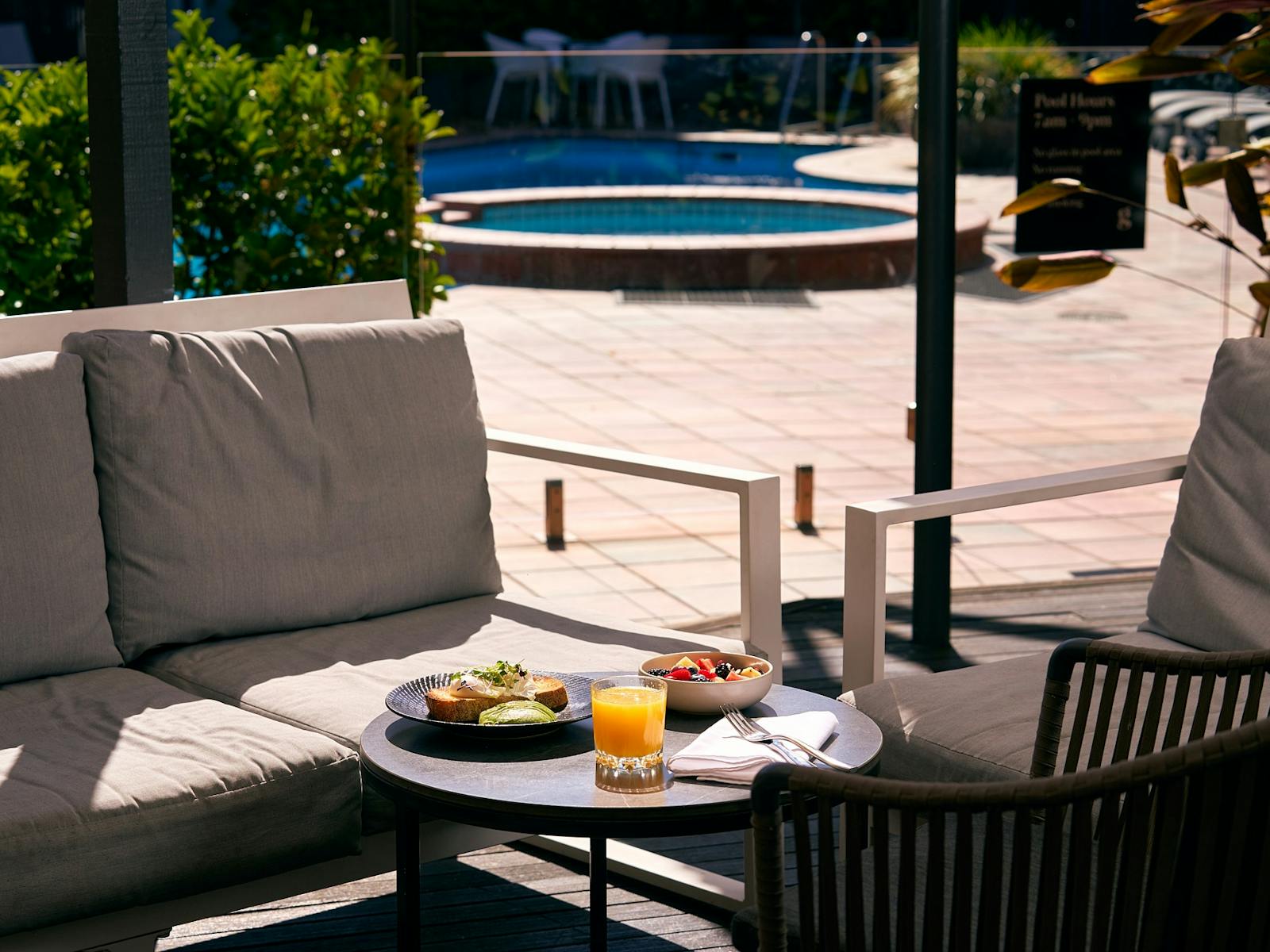 Easily accessible undercover area adjacent to the  hotel pool is the perfect breakfast spot