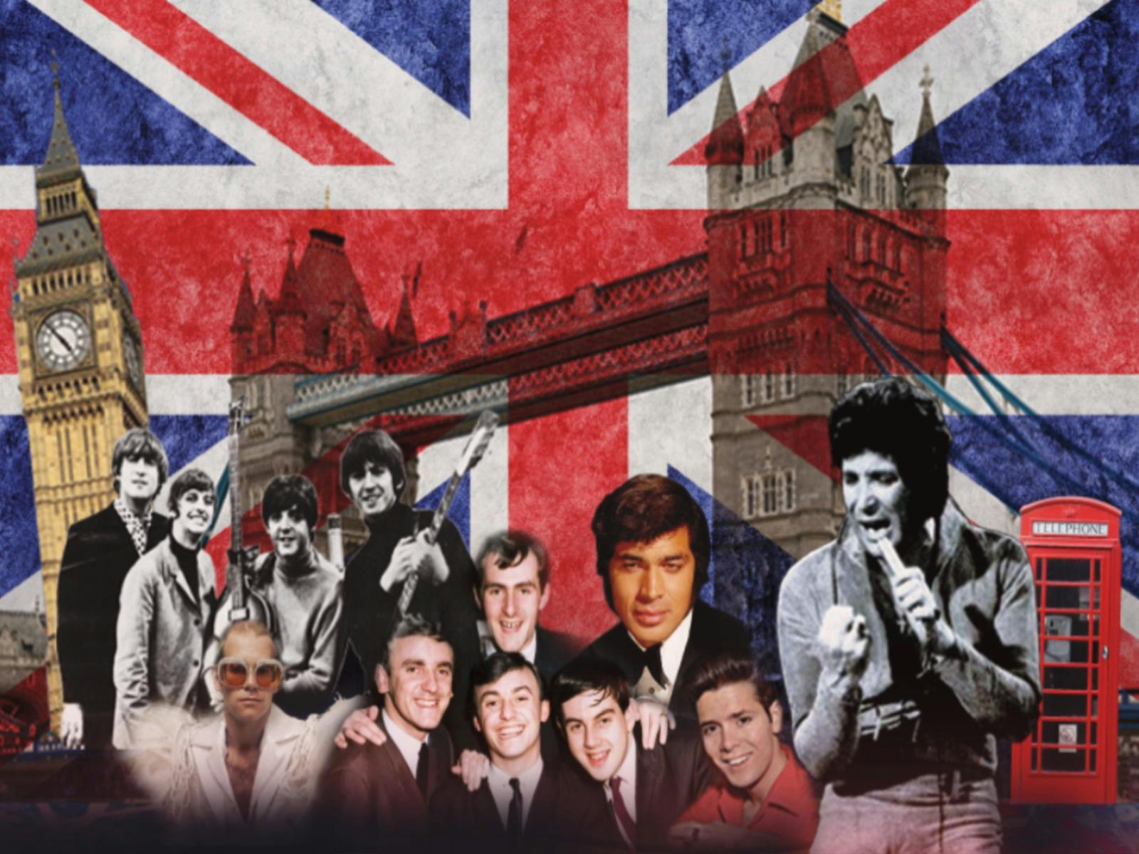 Union Jack flag in the background with a foreground of iconic British musicians from the 60s and 70s