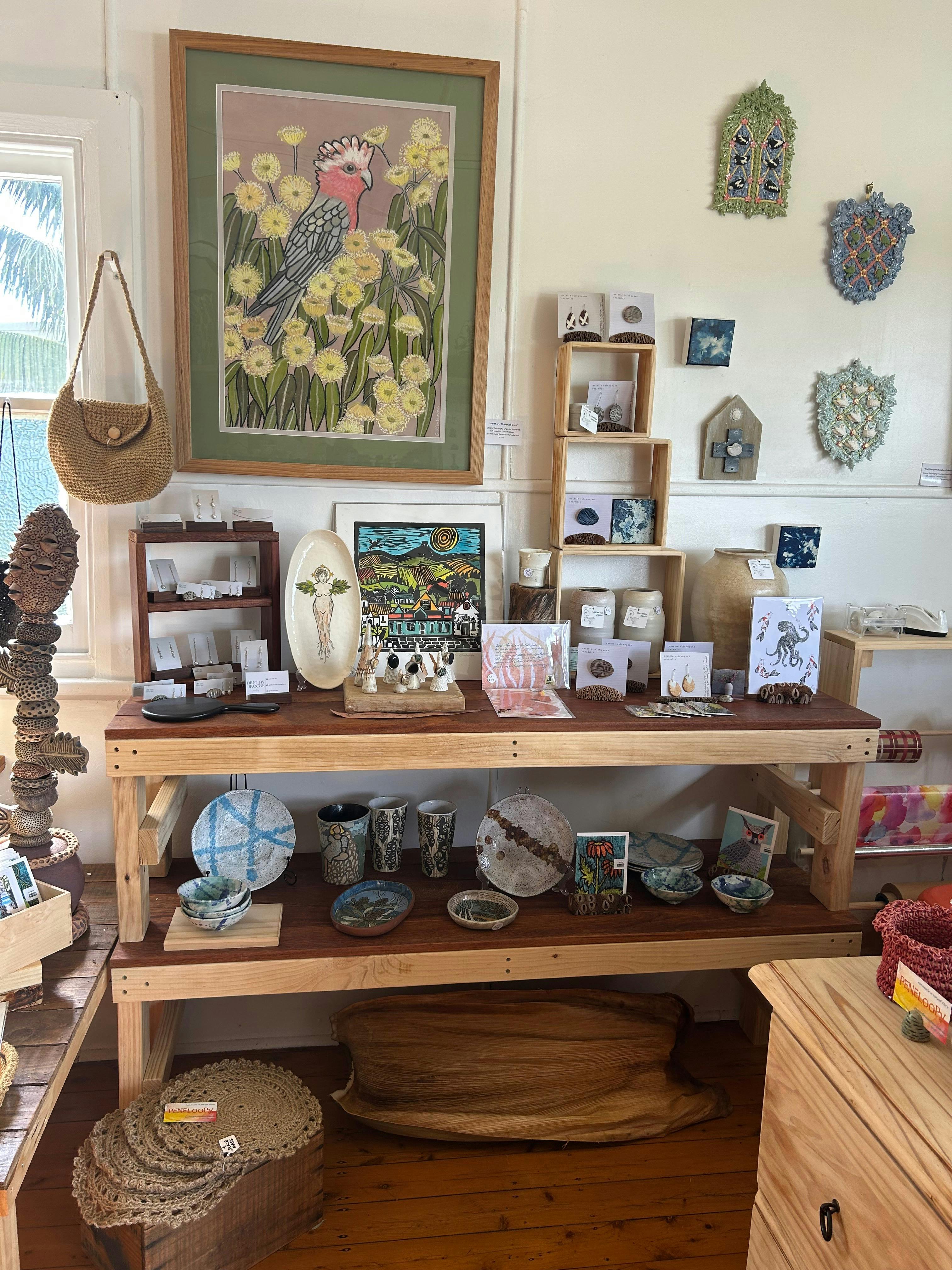 Display of jewellery and varied ceramics by local makers.