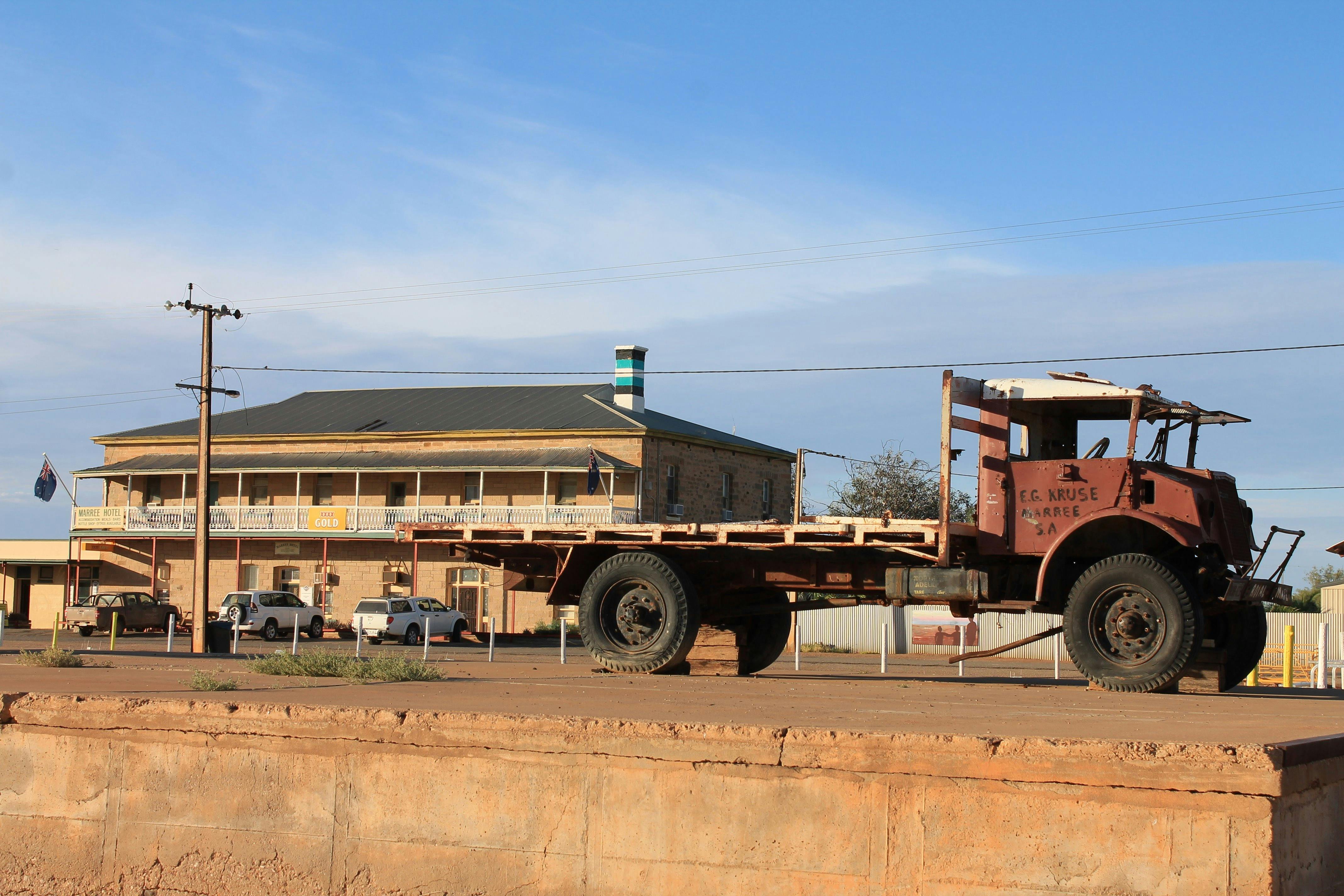 Marree Hotel with old Tom Kruse truck in foreground