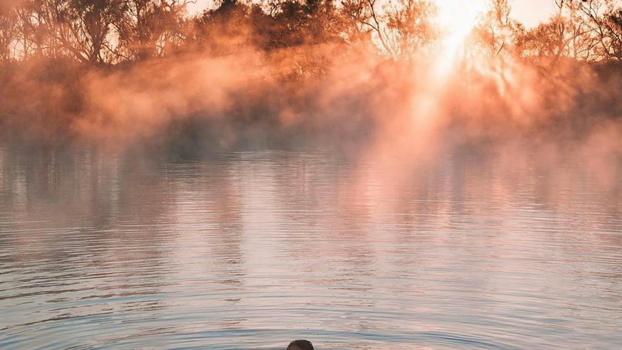 A man swims in Dalhousie Springs, behind him the sun shines through the morning fog.