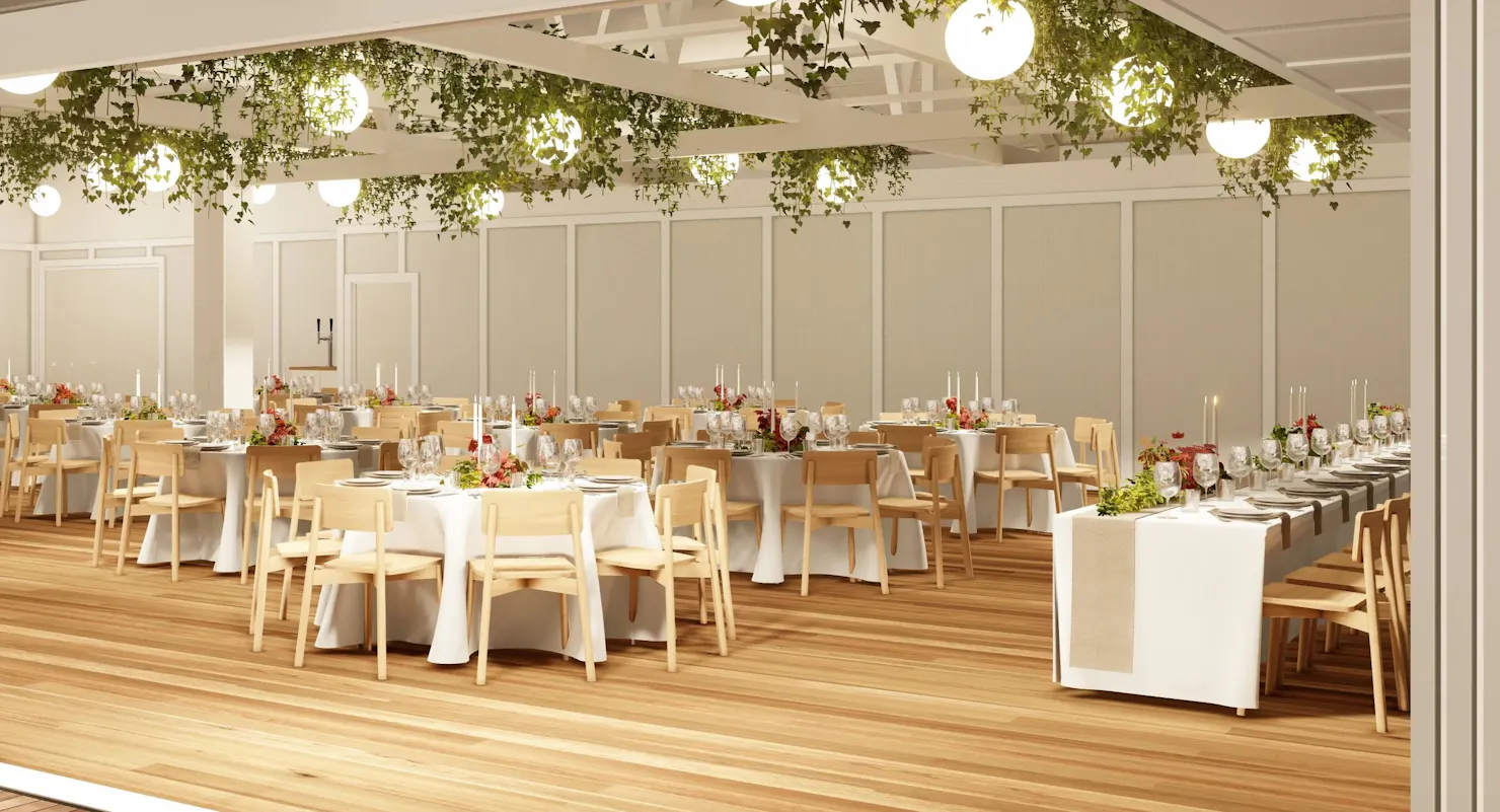 Modern event space with natural light, elegant d�cor, and versatile seating for any occasion.