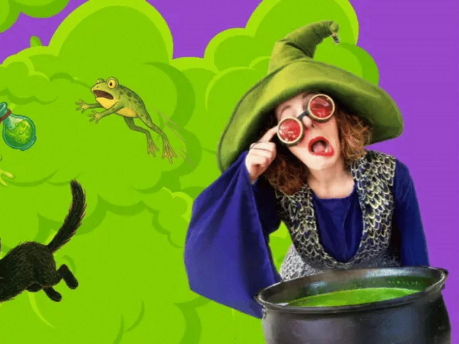 A wizard stands above a cauldron filled with a slime green substance