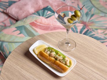 A lobster roll and a classic martini at Hibiscus Bar & Terrace, Brisbane City