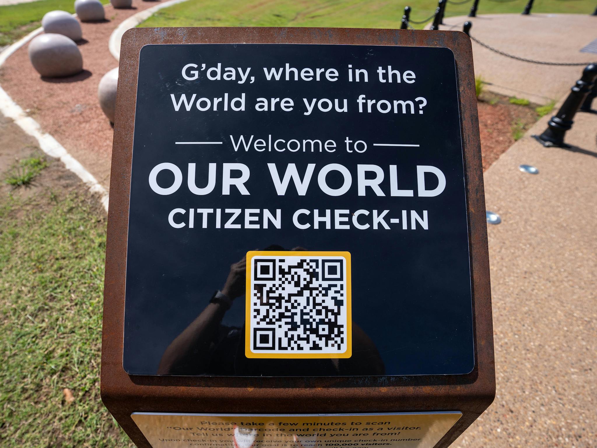 QR Code prompting people to check into the World at Goldtower Central