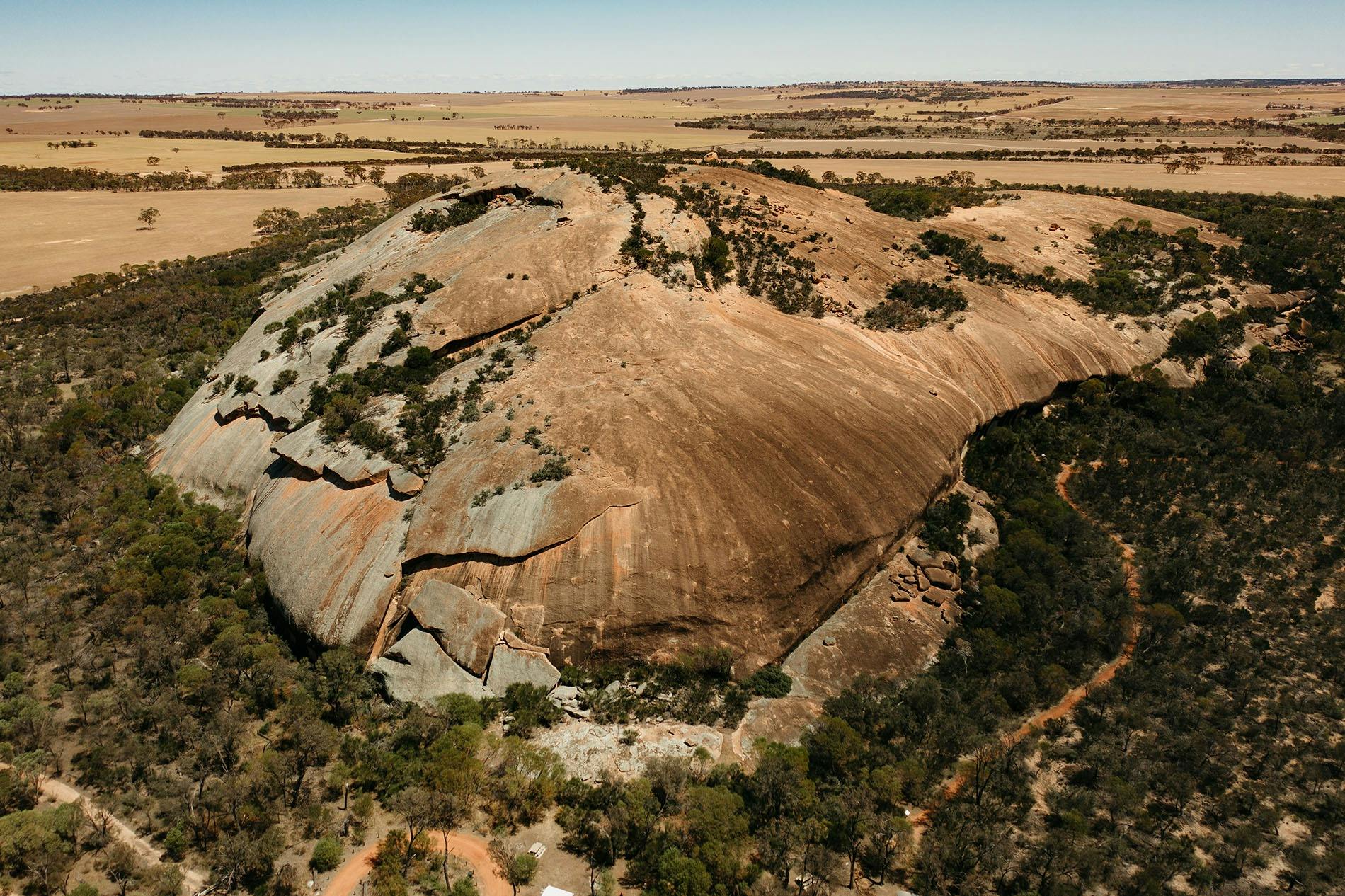 Aerial view of Kokerbin Rock near Quairading and Bruce Rock along Pathways to Wave Rock Trail