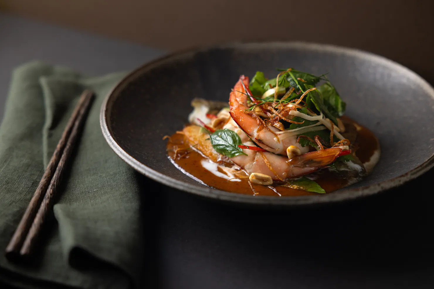 Choo Chee curry of roasted market fish, Mooloolaba king prawns, Thai herbs