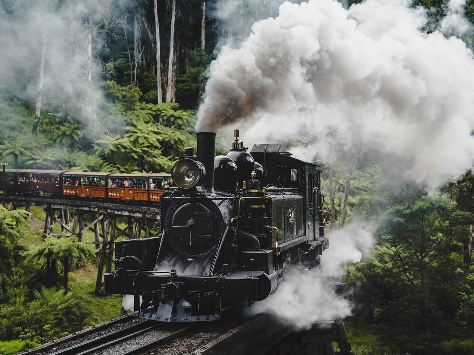 Close up of Puffing Billy steam train puffing out steam as it crosses  a wooden trestle bridge
