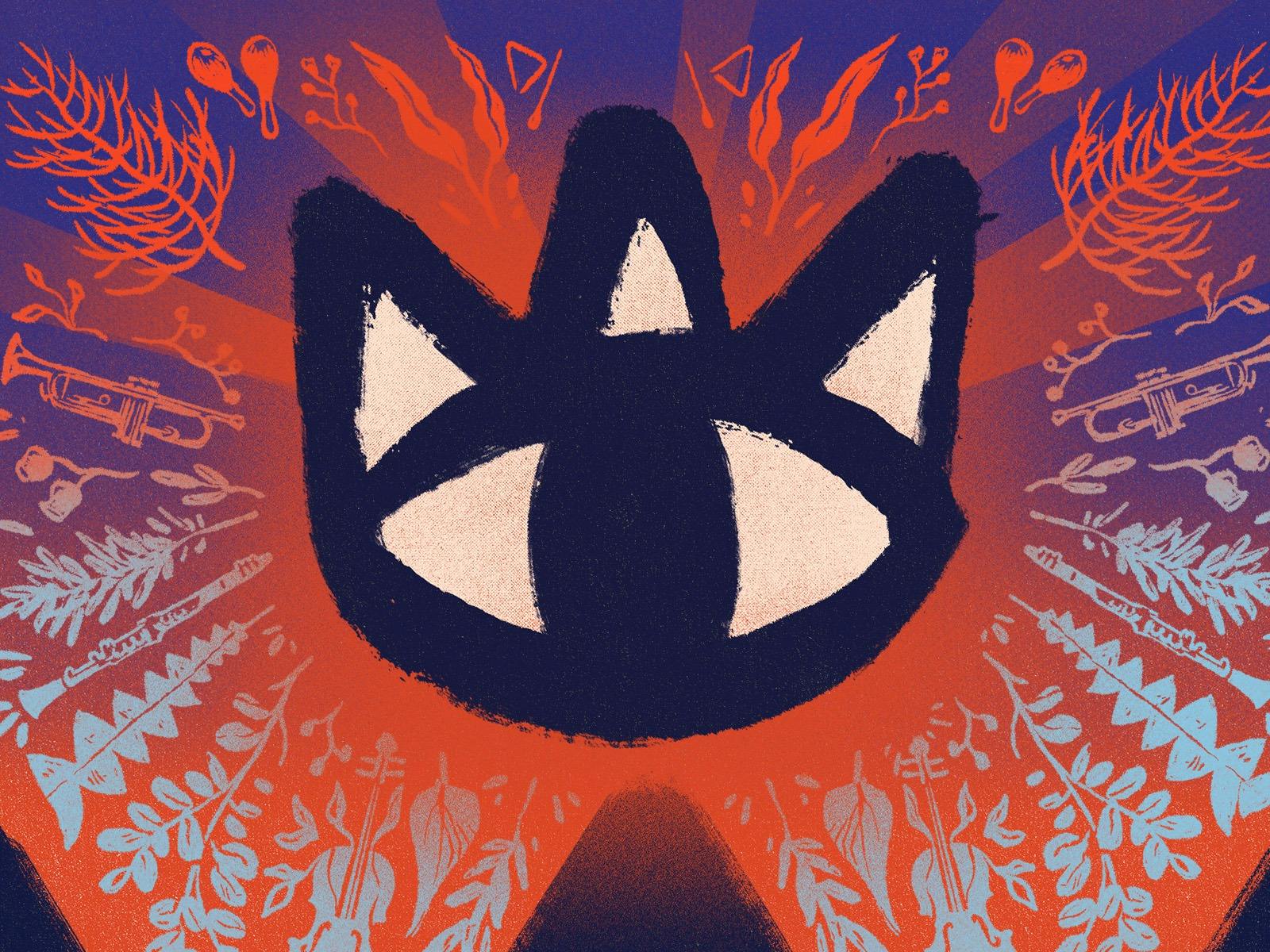 The Cat Empire Logo on a red and Blue Background. Featuring orchestra instruments in the background