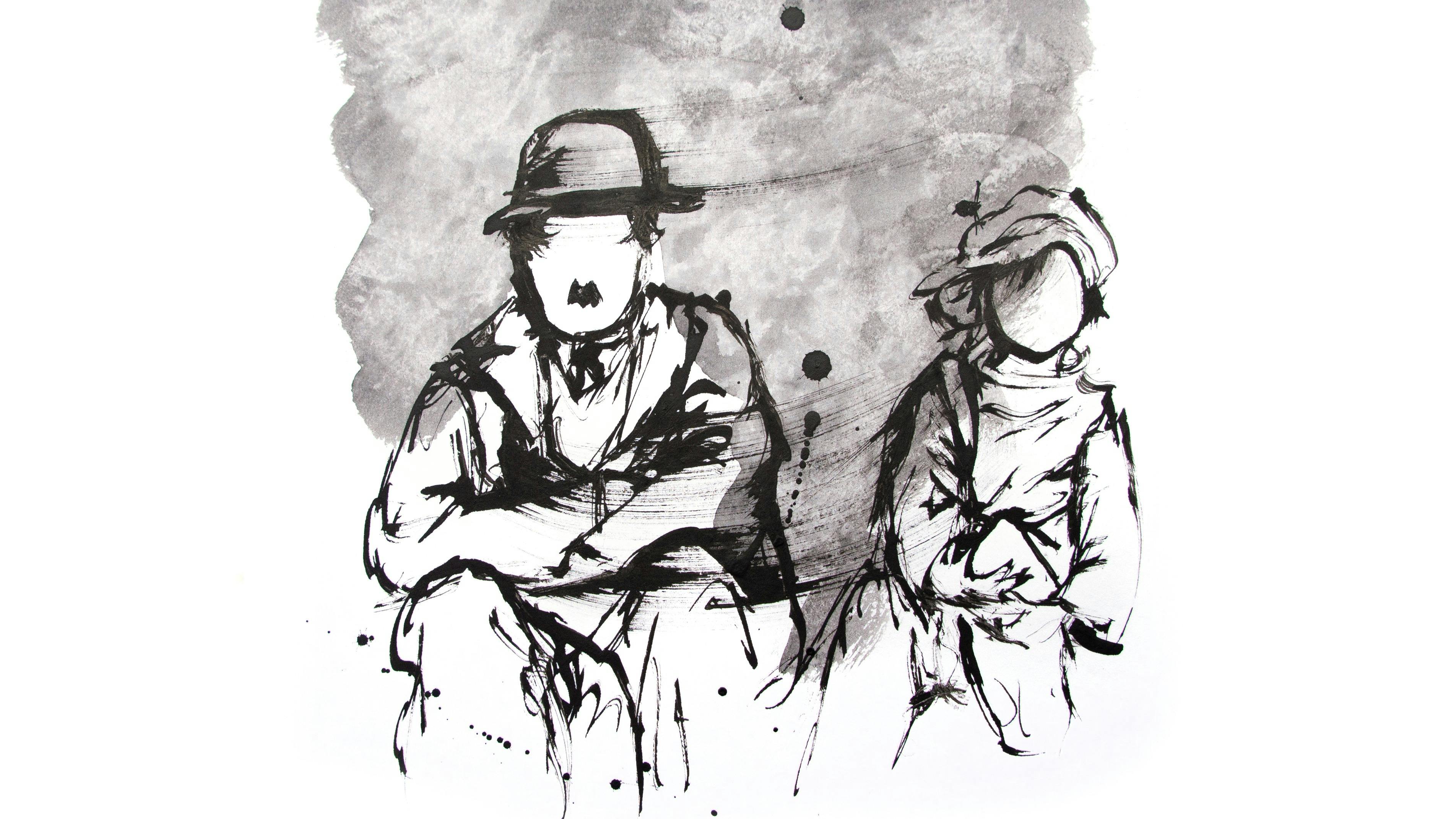 Black and white drawing of movie scene with Charlie Chaplin