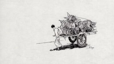 Drawing of a woman pulling a cart
