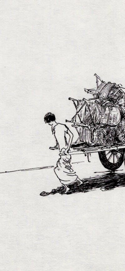 Drawing of a woman pulling a cart