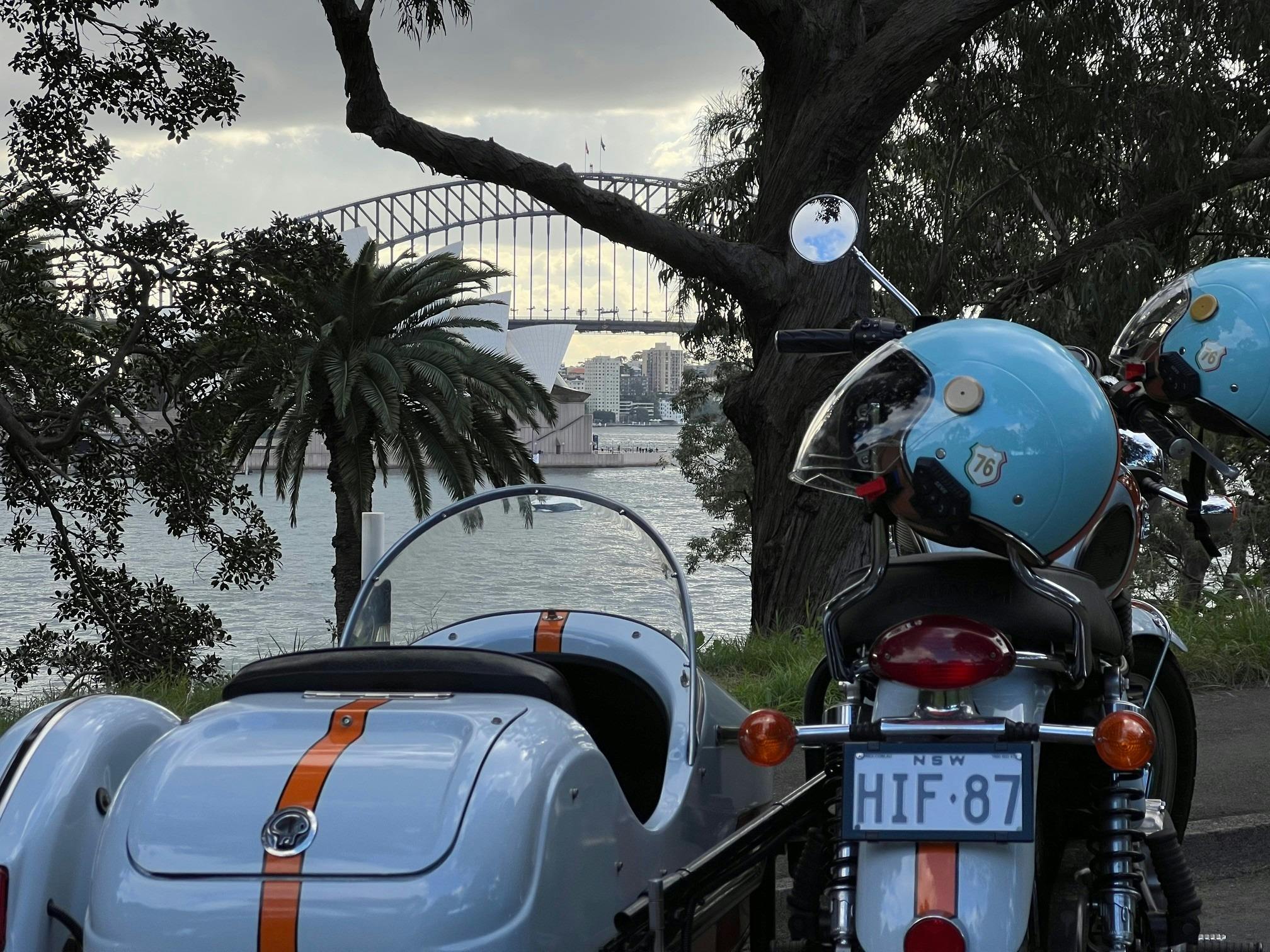 Motorcyle and sidecar from Mrs Macquarie's Pt