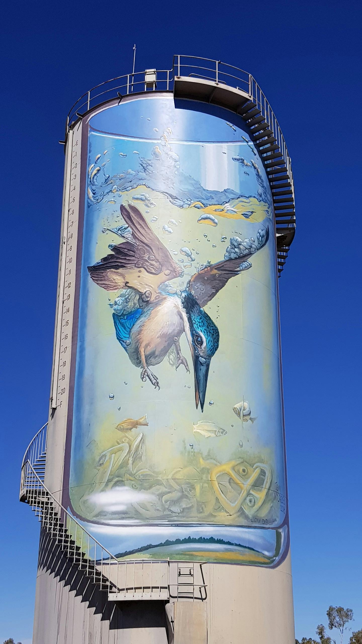 Gulargambone Water Tower art by Jenny McCracken titled "Lucky Dip" was painted in 2018