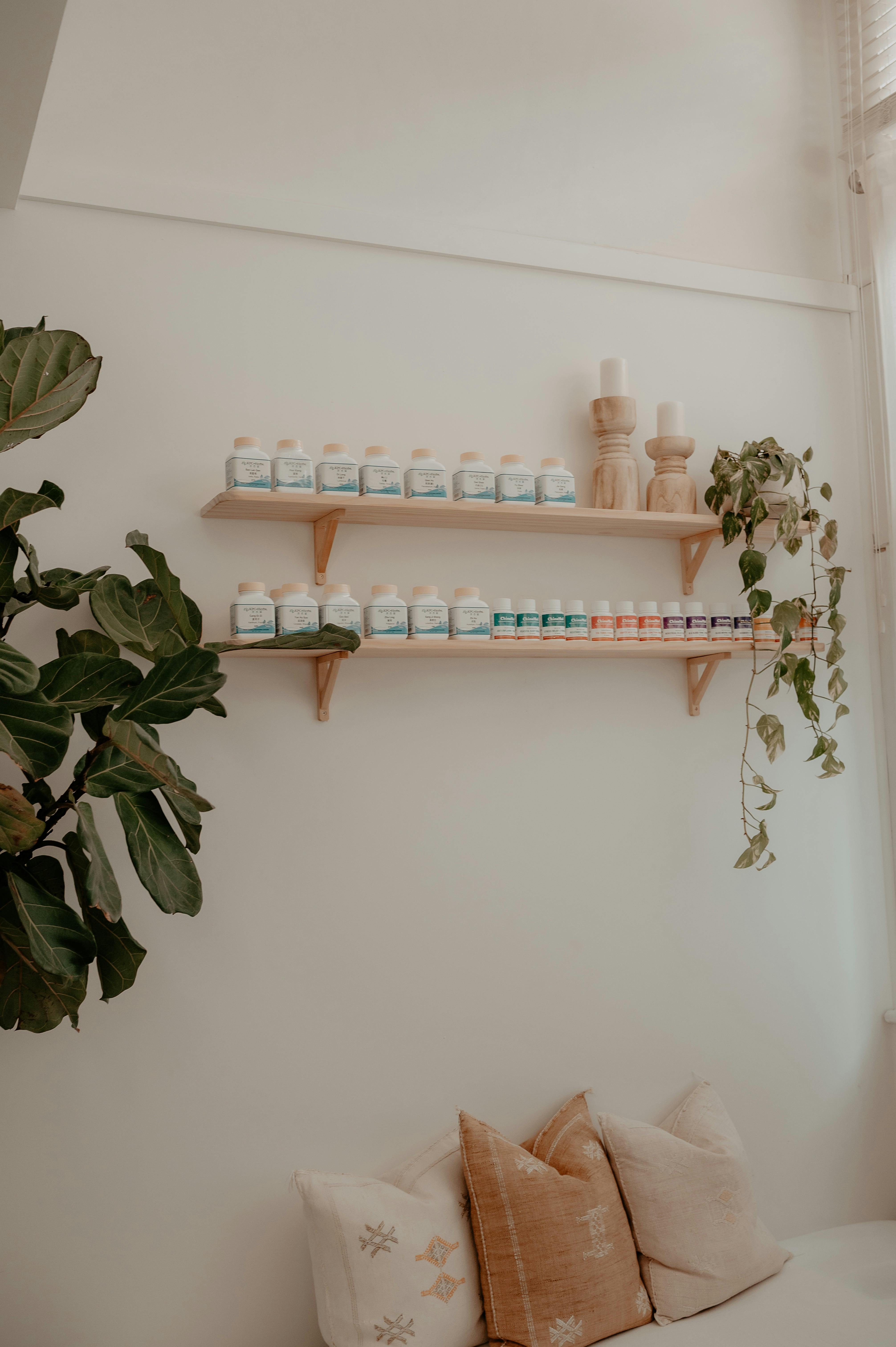 Photo of herbs and suppliements on a shelf with plants