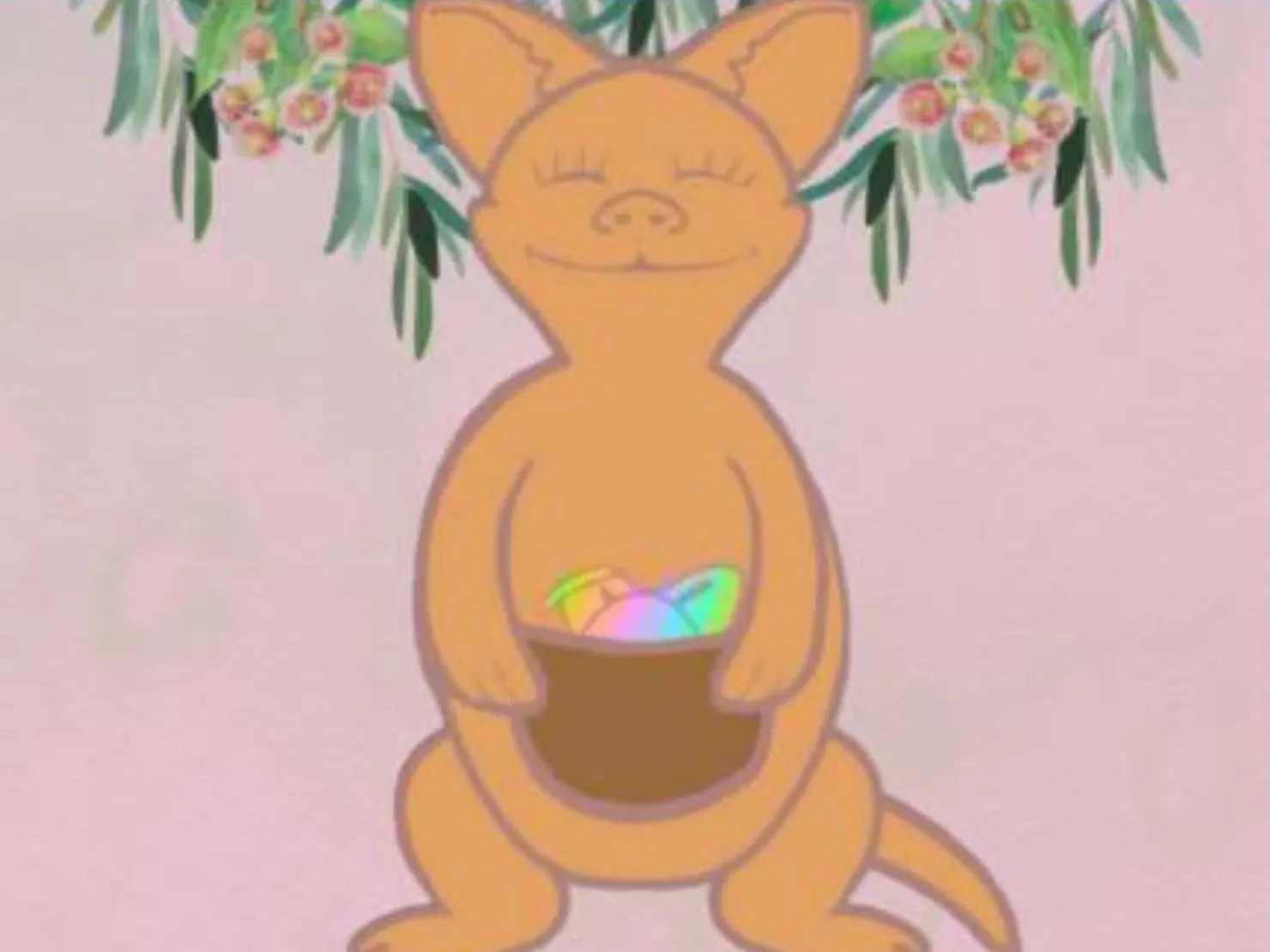 cartoon wallaby with coloured items in pouch gumnuts around head