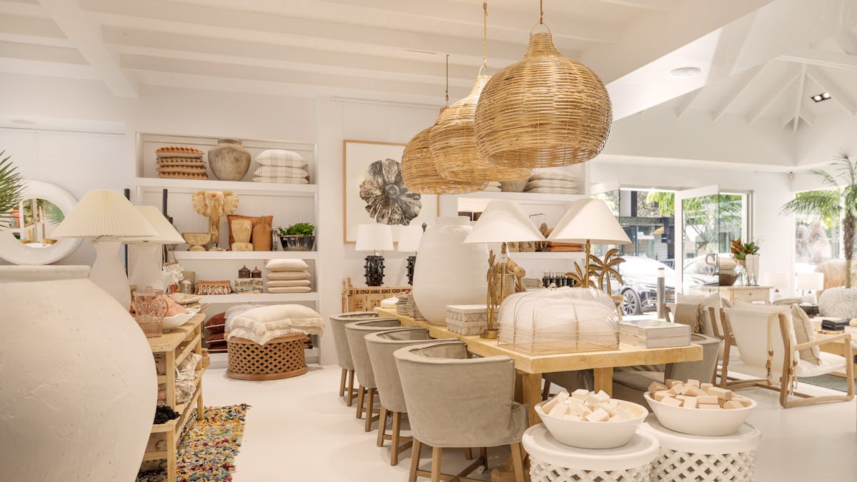 Coastal Dining Chairs & Tables, Oversized Rattan Pendants.